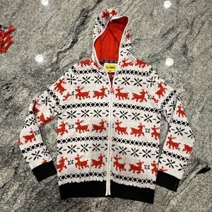 Tipsy Elves Womens Zip Up Hooded Sweater Red Reindeer On White Background Size M